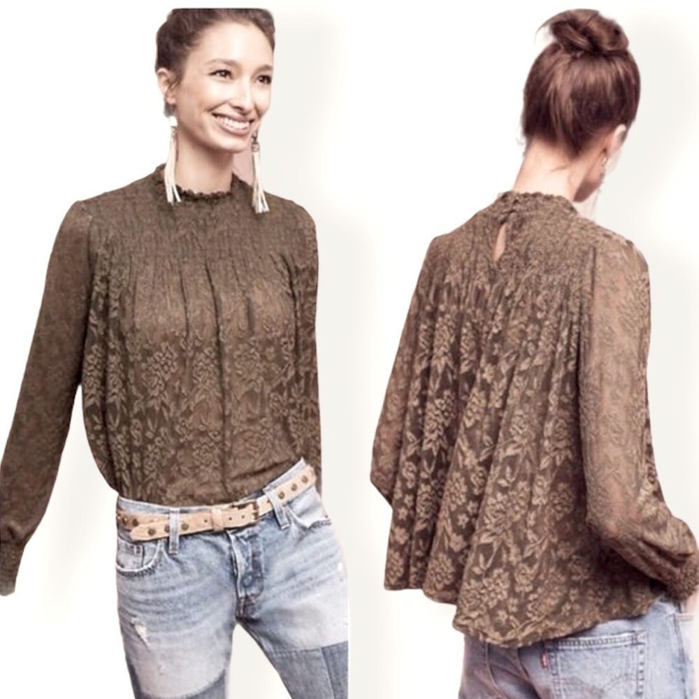 Anthropologie Deletta Olive Green Lace Top Sz S